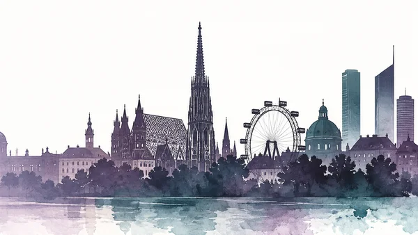 Illustrated Vienna skyline with St Stephen's Cathedral and the Riesenrad